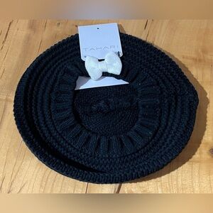 TAHARI Black Beret Style Hat with White Bow NWT